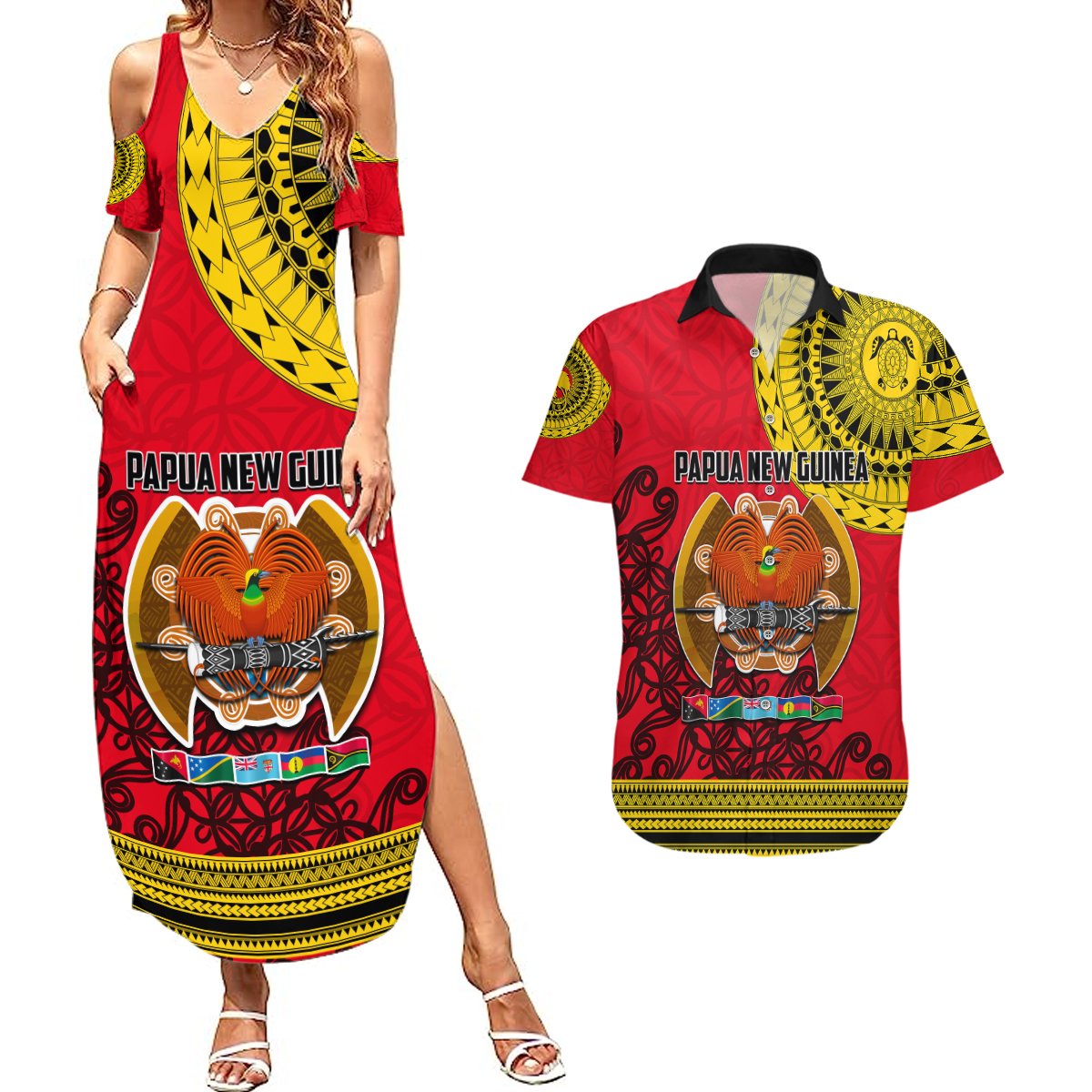 Papua New Guinea Couples Matching Summer Maxi Dress and Hawaiian Shirt Melanesian Festival 2023 LT6 Red - Polynesian Pride