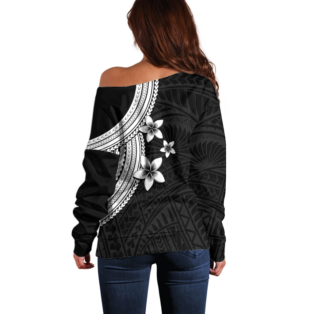 Polynesian Off Shoulder Sweater With Plumeria Flower White LT6 - Polynesian Pride