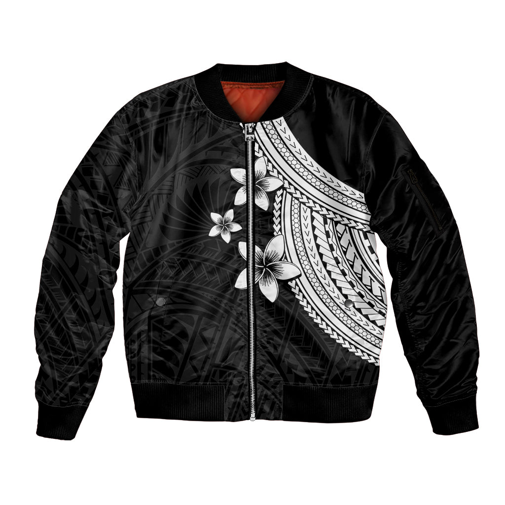 Polynesian Sleeve Zip Bomber Jacket With Plumeria Flower White LT6 Unisex White - Polynesian Pride