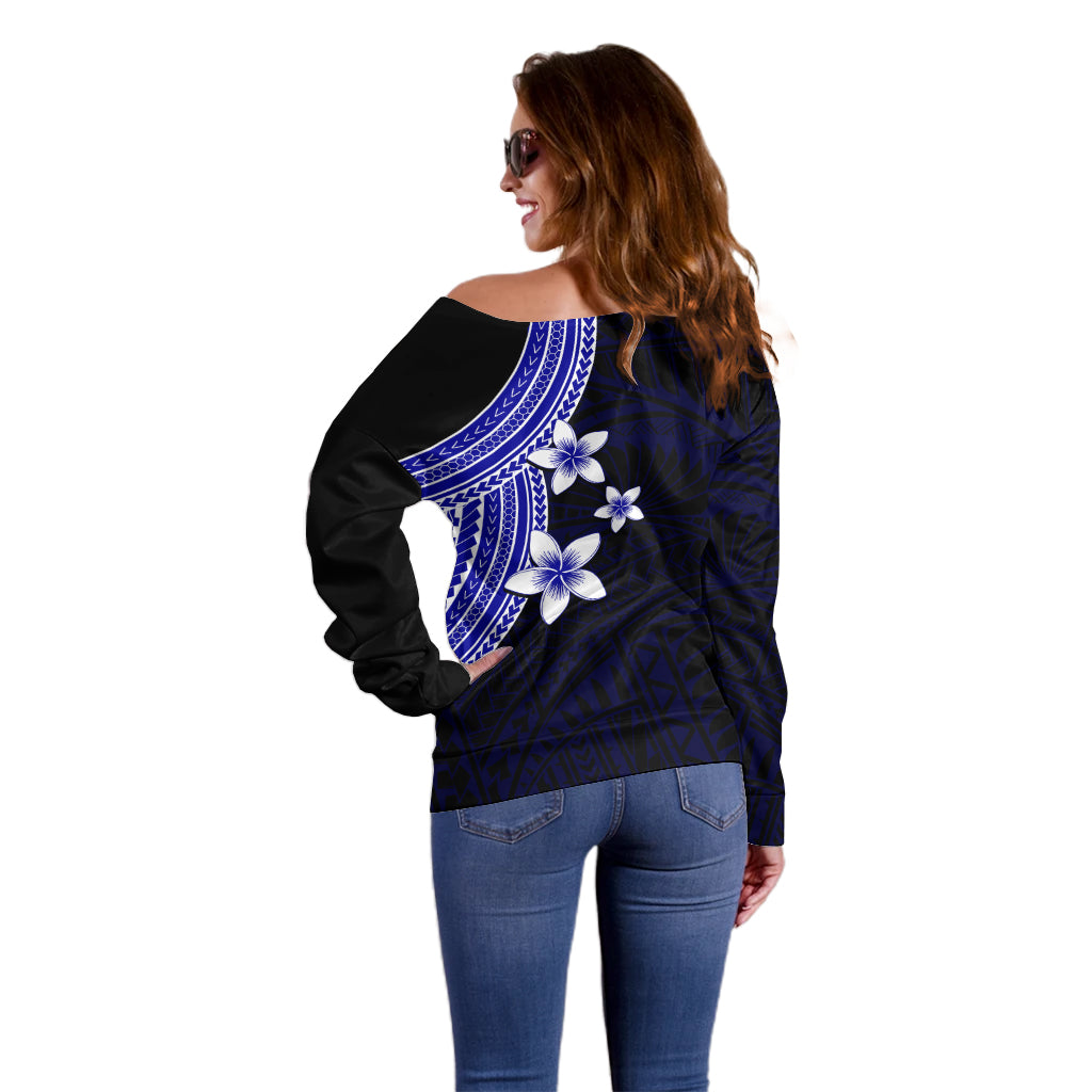 Polynesian Off Shoulder Sweater With Plumeria Flower Blue LT6 - Polynesian Pride