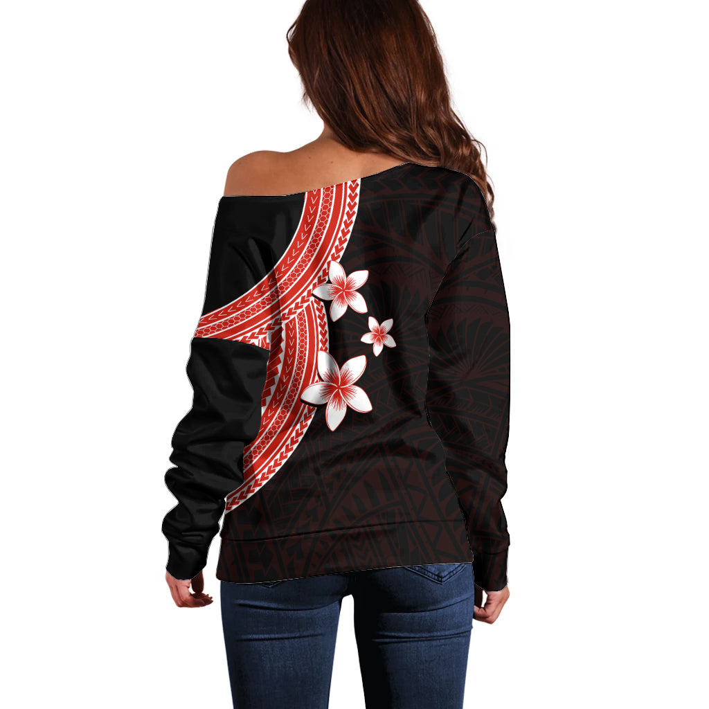 Polynesian Off Shoulder Sweater With Plumeria Flower Red LT6 - Polynesian Pride