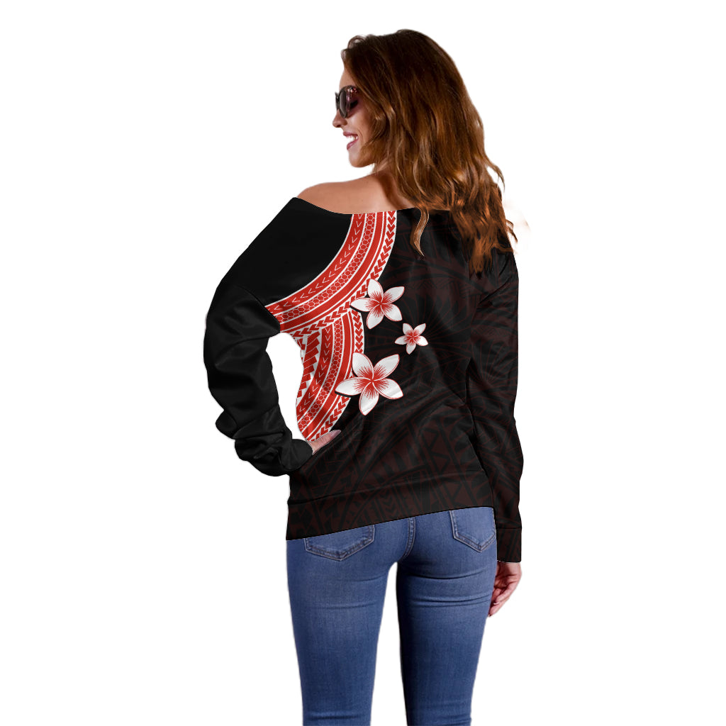 Polynesian Off Shoulder Sweater With Plumeria Flower Red LT6 - Polynesian Pride