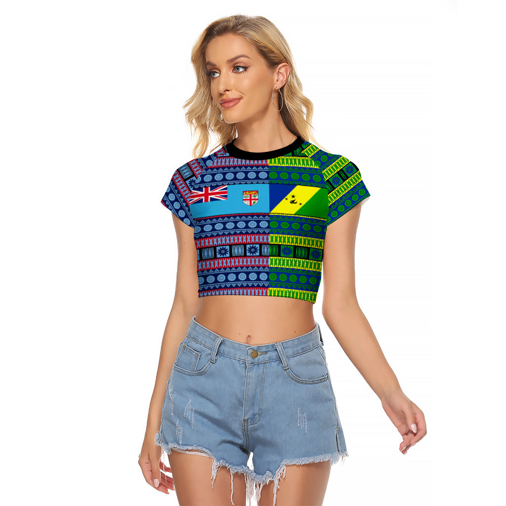 (Custom Personalised) Fiji Malampa Raglan Cropped T Shirt Tribal Patterns LT6 Female Blue - Polynesian Pride