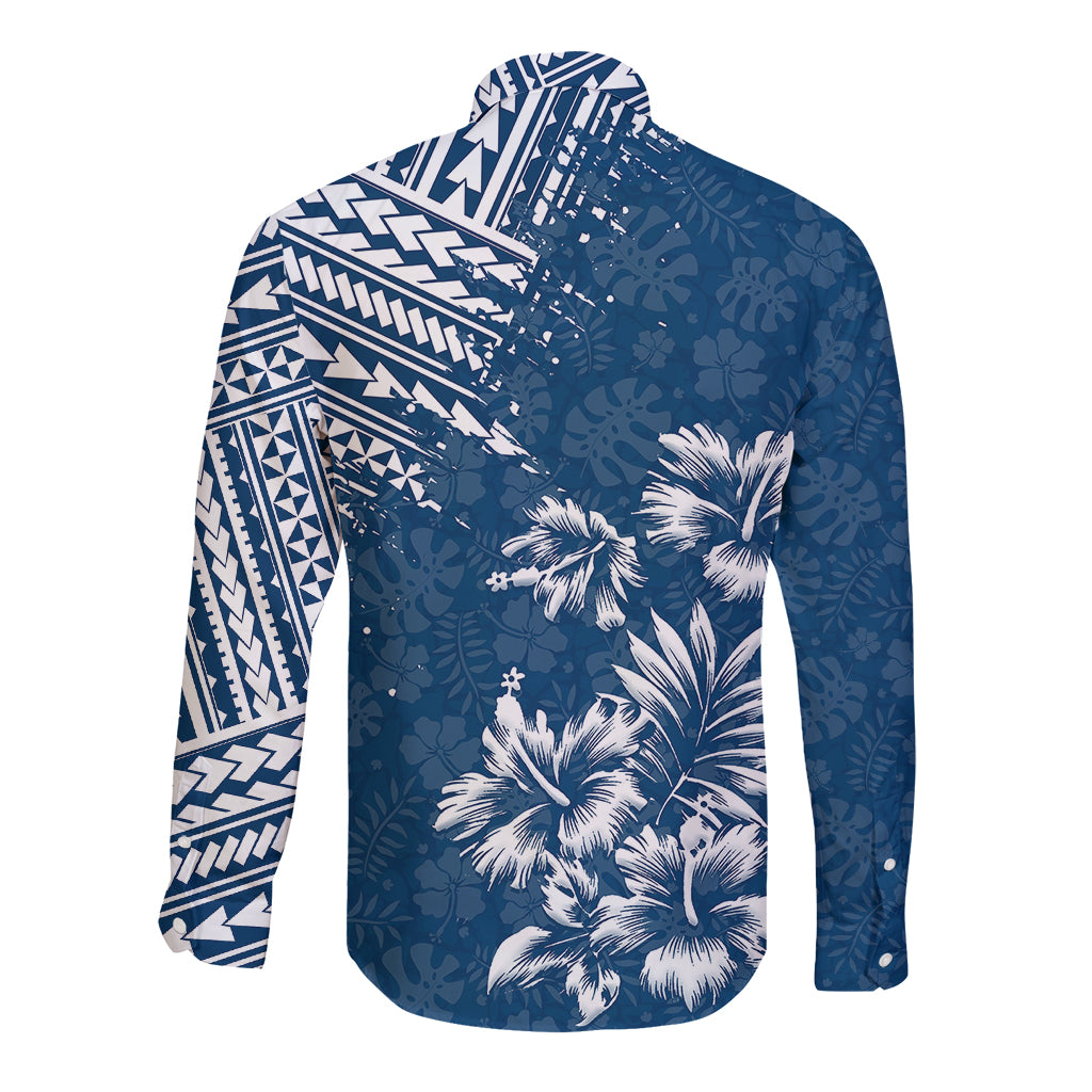 Hawaii Summer Long Sleeve Button Shirt Mix Polynesian Dark Blue LT6 - Polynesian Pride