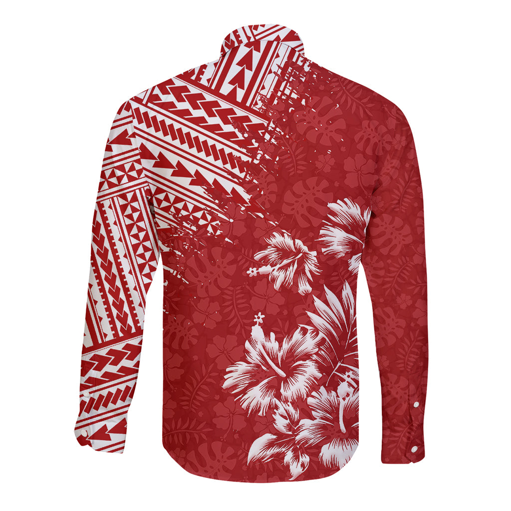 Hawaii Summer Long Sleeve Button Shirt Mix Polynesian Red LT6 - Polynesian Pride