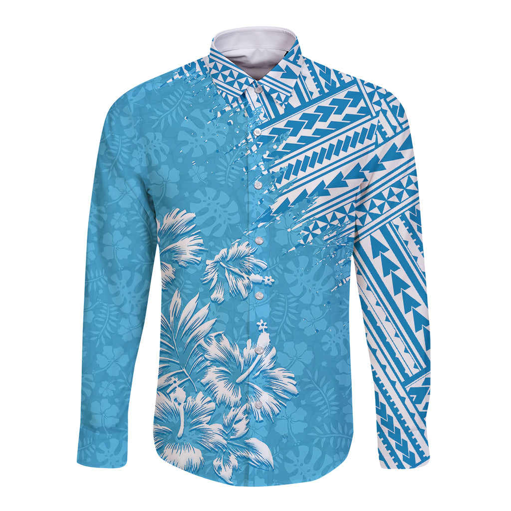 Hawaii Summer Long Sleeve Button Shirt Mix Polynesian Light Blue LT6 Unisex Blue - Polynesian Pride
