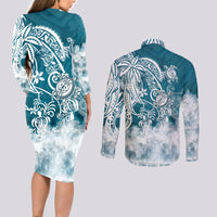 Polynesian Sea Turtle Couples Matching Long Sleeve Bodycon Dress and Long Sleeve Button Shirts Tribal LT6 - Polynesian Pride