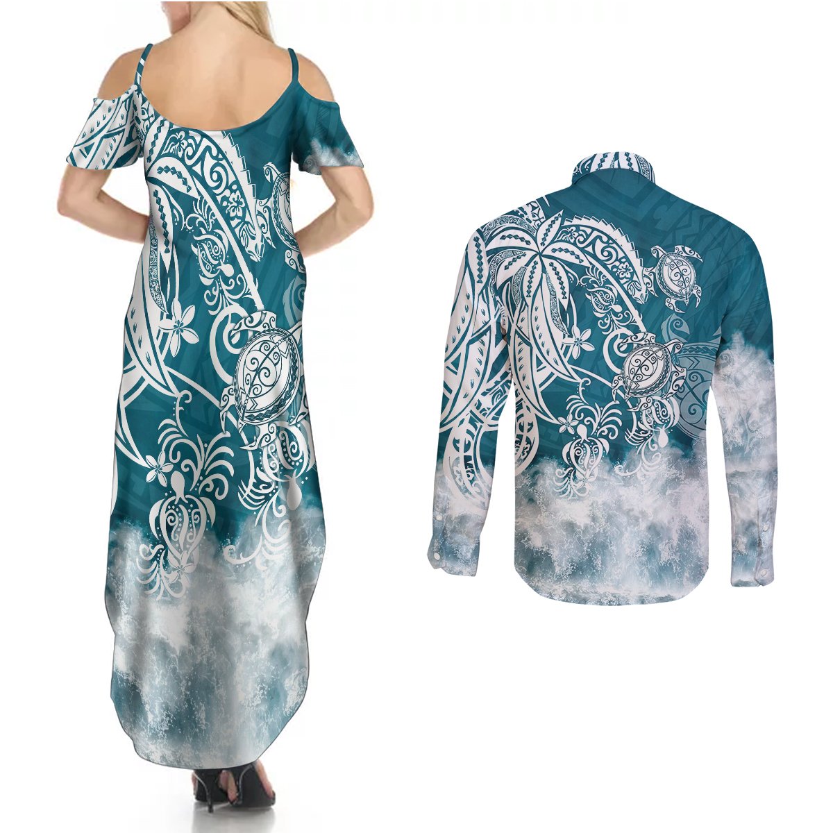 Polynesian Sea Turtle Couples Matching Summer Maxi Dress and Long Sleeve Button Shirts Tribal LT6 - Polynesian Pride