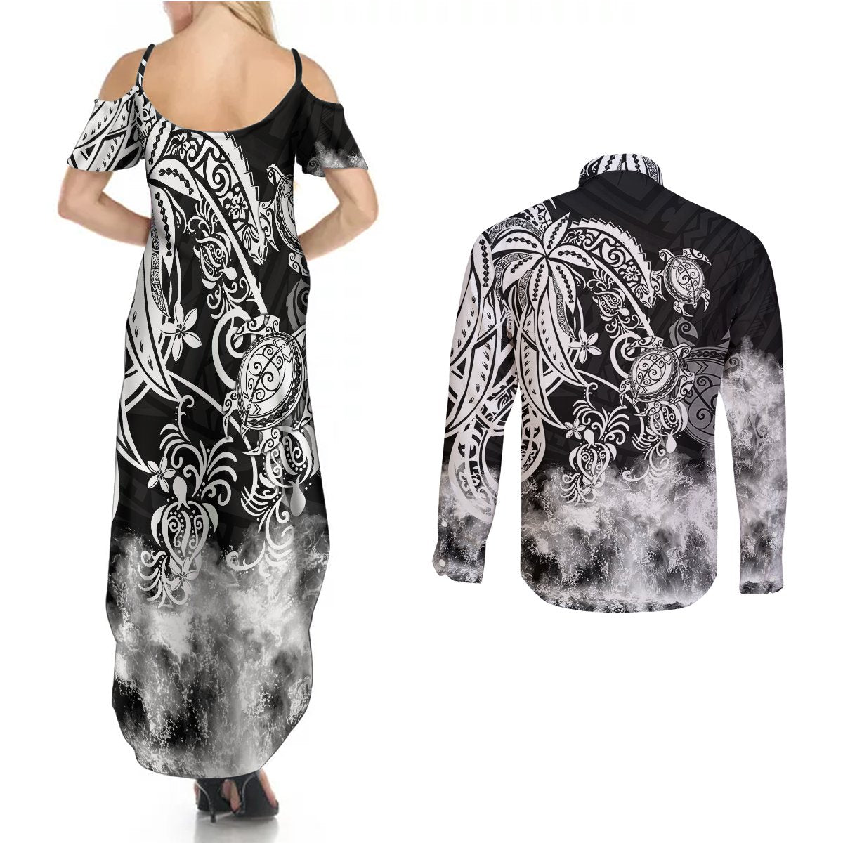 Polynesian Sea Turtle Couples Matching Summer Maxi Dress and Long Sleeve Button Shirts Tribal Black LT6 - Polynesian Pride