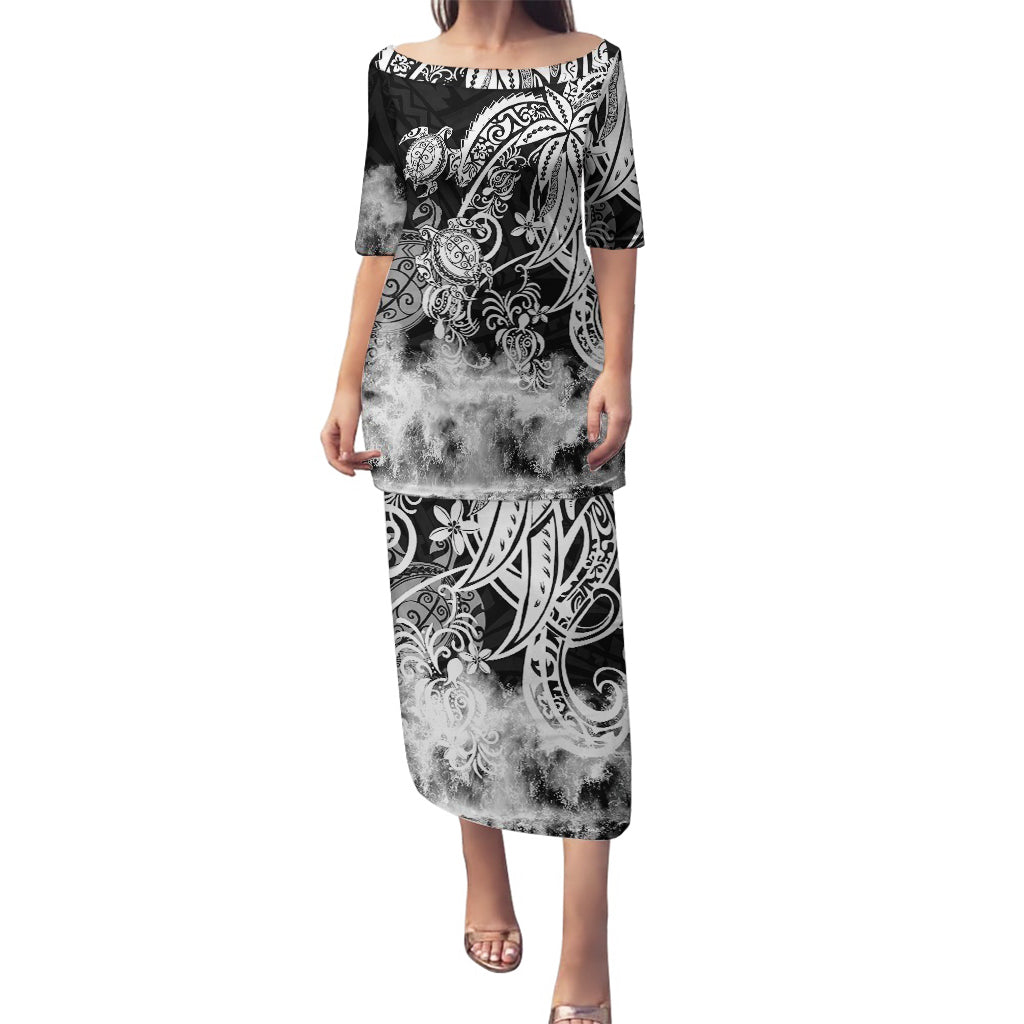 Polynesian Sea Turtle Puletasi Tribal Black LT6 Long Dress Black - Polynesian Pride