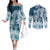 Polynesian Sea Turtle Couples Matching Off The Shoulder Long Sleeve Dress and Long Sleeve Button Shirts Tribal Blue LT6 Blue - Polynesian Pride