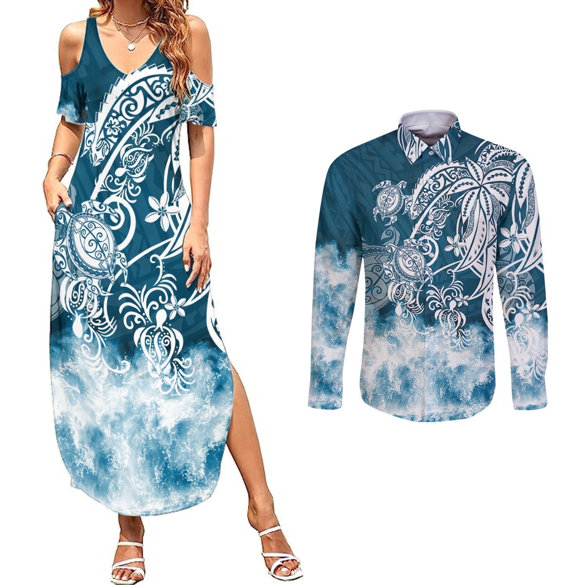 Polynesian Sea Turtle Couples Matching Summer Maxi Dress and Long Sleeve Button Shirts Tribal Blue LT6 Blue - Polynesian Pride
