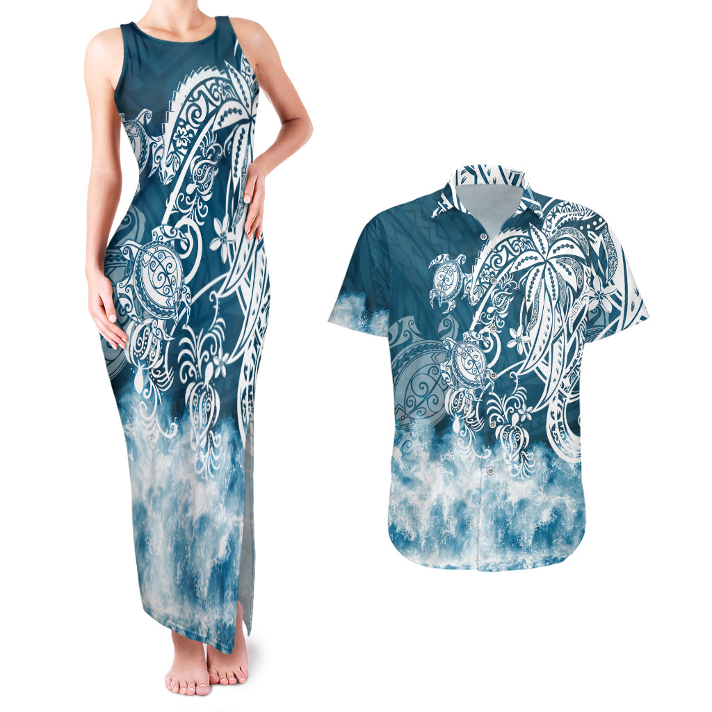 Polynesian Sea Turtle Couples Matching Tank Maxi Dress And Hawaiian Shirt Tribal Blue LT6 Blue - Polynesian Pride