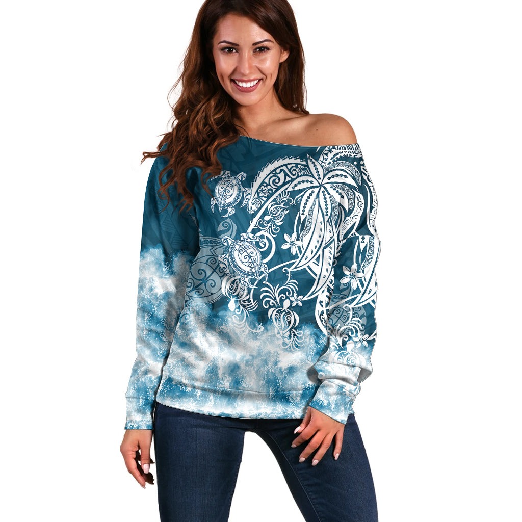 Polynesian Sea Turtle Off Shoulder Sweater Tribal Blue LT6 Women Blue - Polynesian Pride