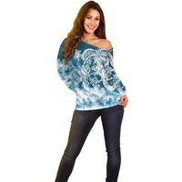 Polynesian Sea Turtle Off Shoulder Sweater Tribal Blue LT6 - Polynesian Pride
