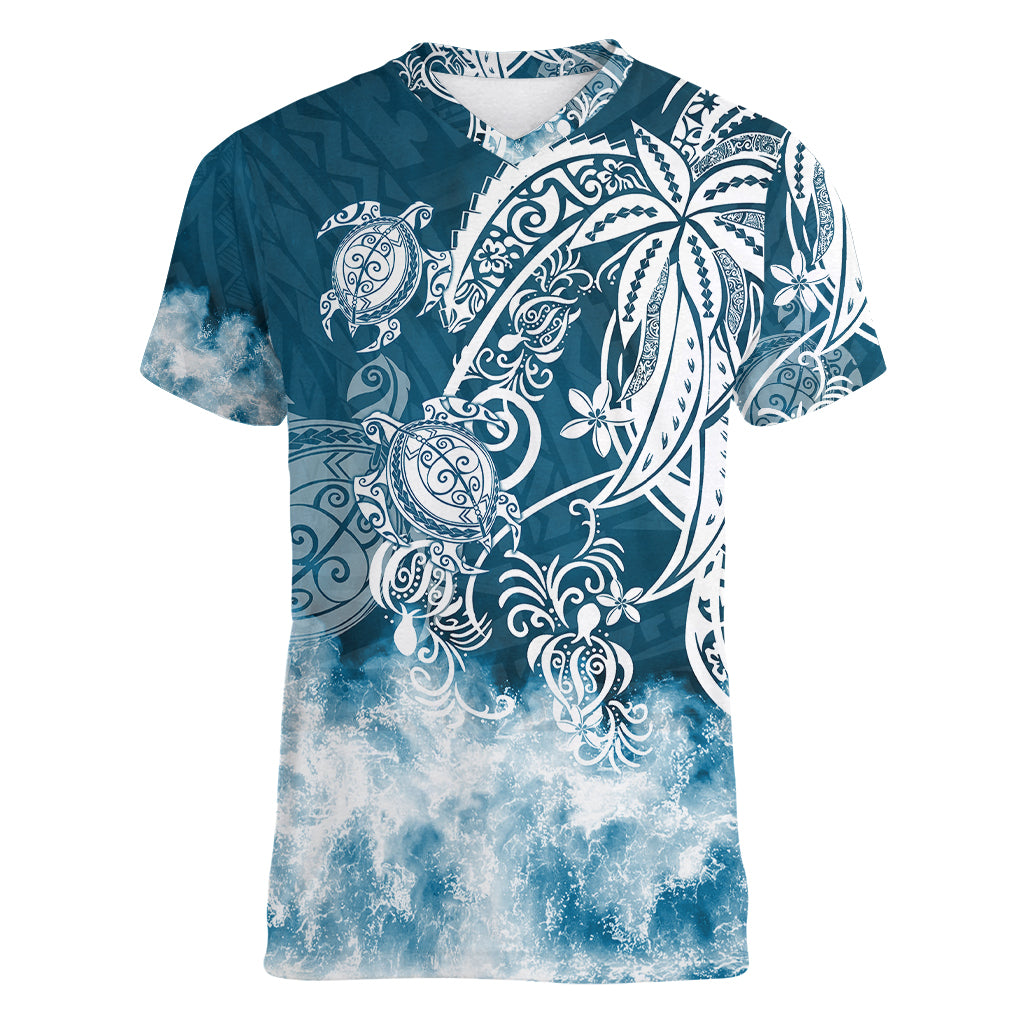 Polynesian Sea Turtle Women V Neck T Shirt Tribal Blue LT6 Female Blue - Polynesian Pride