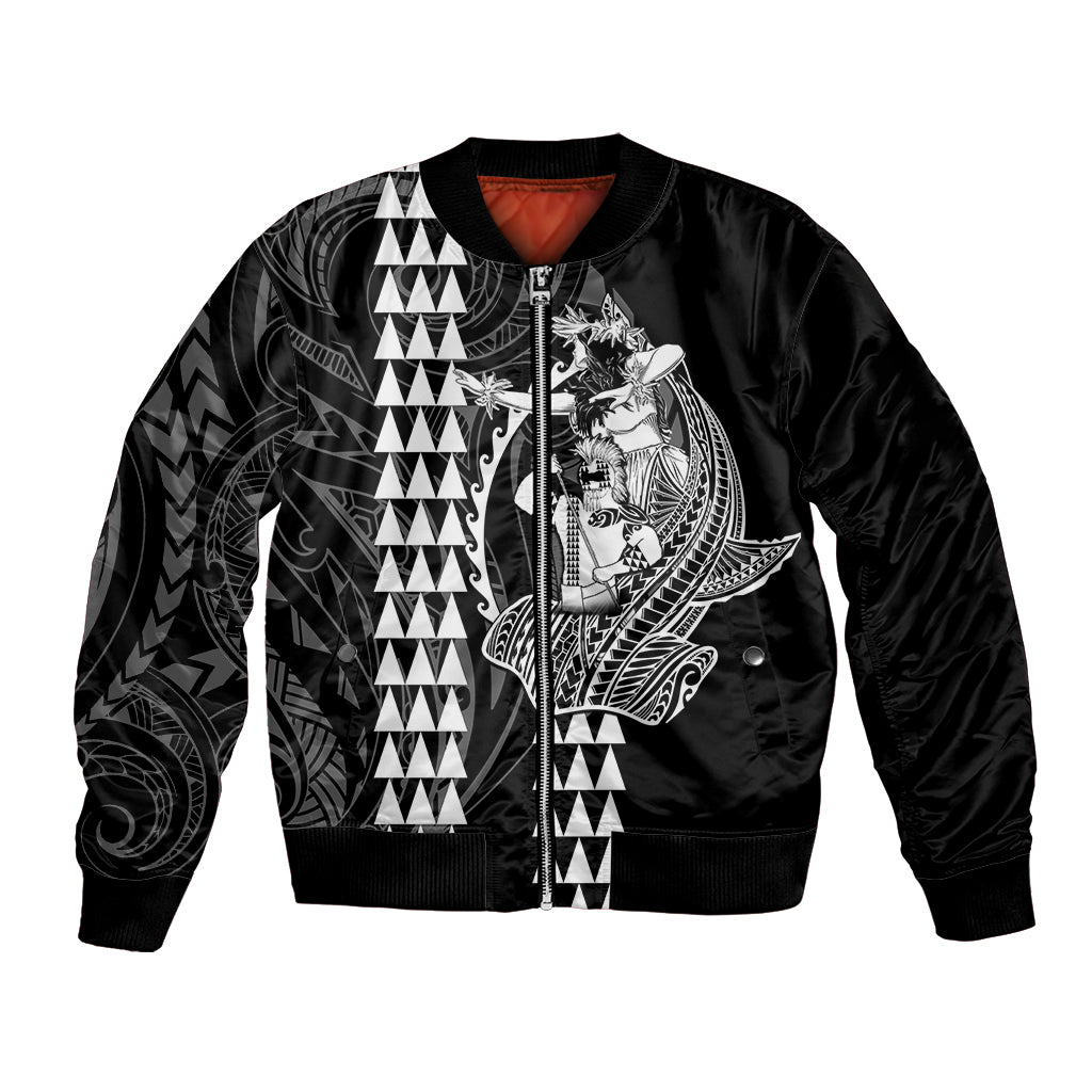 Polynesian Bomber Jacket Hawaiian Warrior and Aloha Girl With Hammerhead Shark Tattoos White LT6 Unisex White - Polynesian Pride