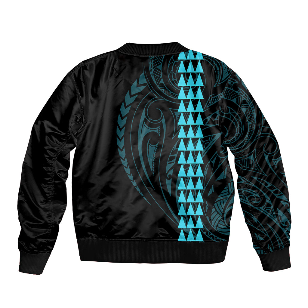 Polynesian Sleeve Zip Bomber Jacket Hawaiian Warrior and Aloha Girl With Hammerhead Shark Tattoos Light Blue LT6 - Polynesian Pride