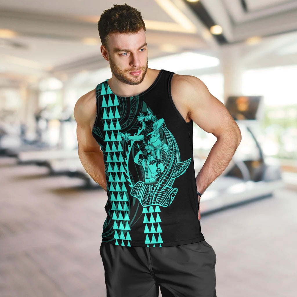 Polynesian Men Tank Top Hawaiian Warrior and Aloha Girl With Hammerhead Shark Tattoos Turquoise LT6 - Polynesian Pride
