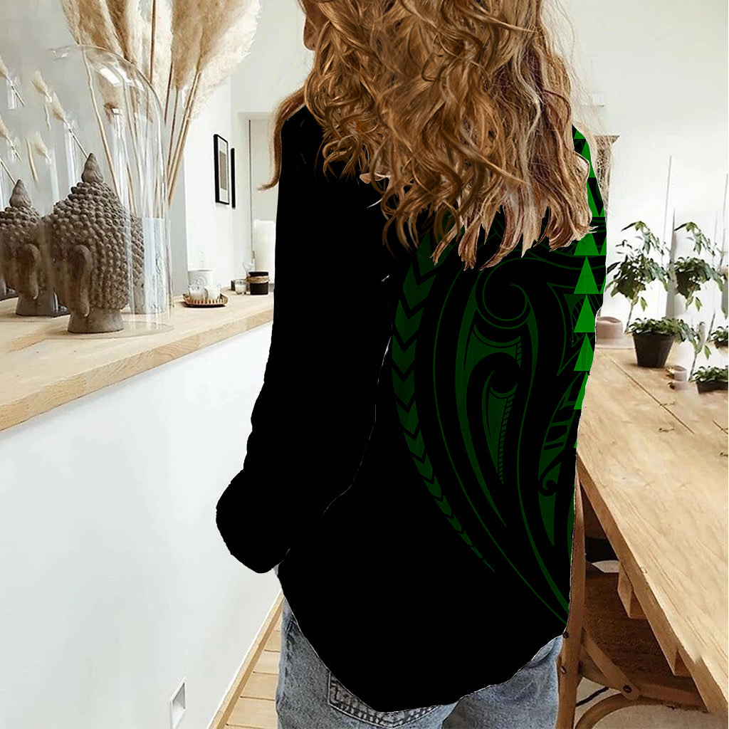 Polynesian Women Casual Shirt Hawaiian Warrior and Aloha Girl With Hammerhead Shark Tattoos Green LT6 - Polynesian Pride