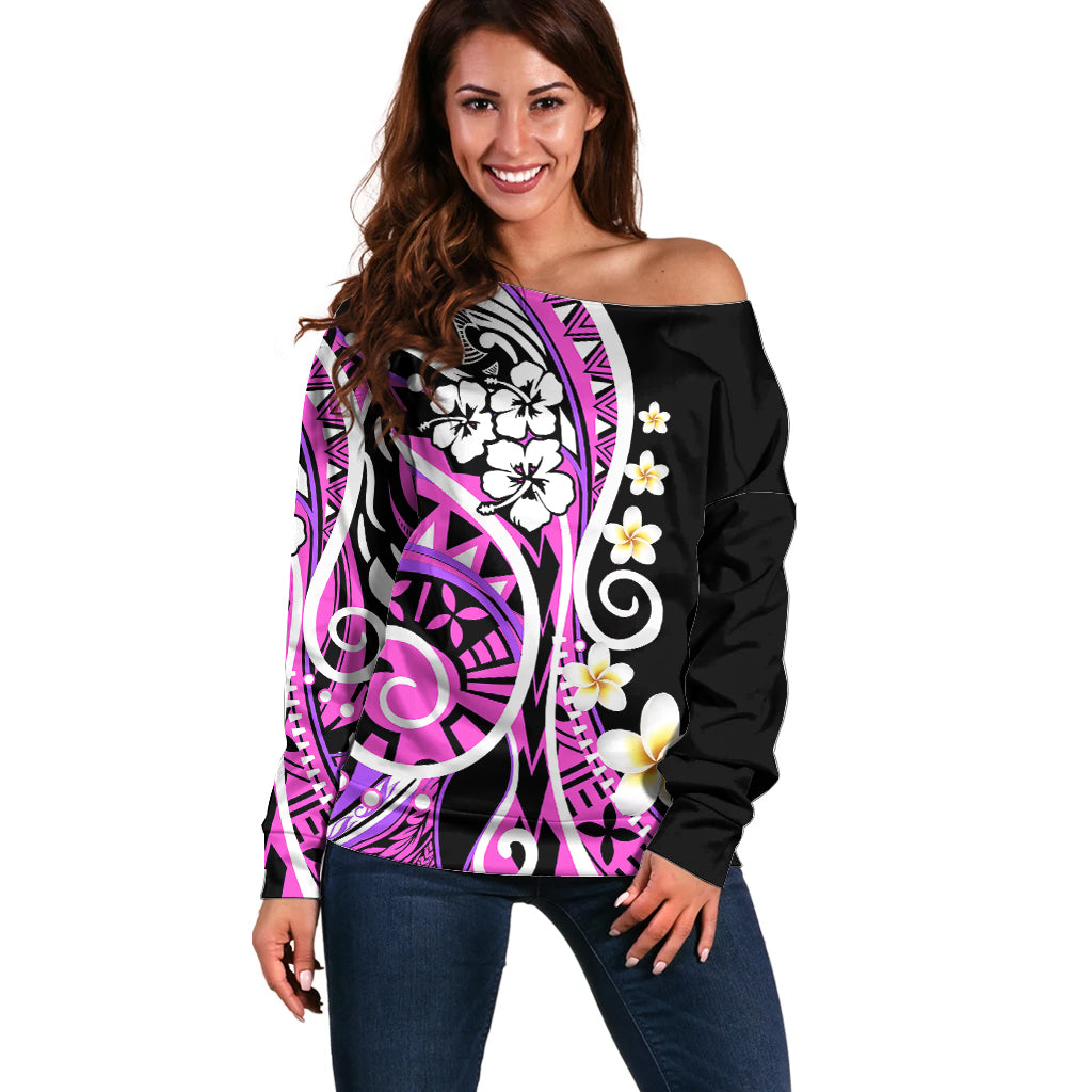 Plumeria Polynesian Off Shoulder Sweater Trending Pink LT6 Women Pink - Polynesian Pride
