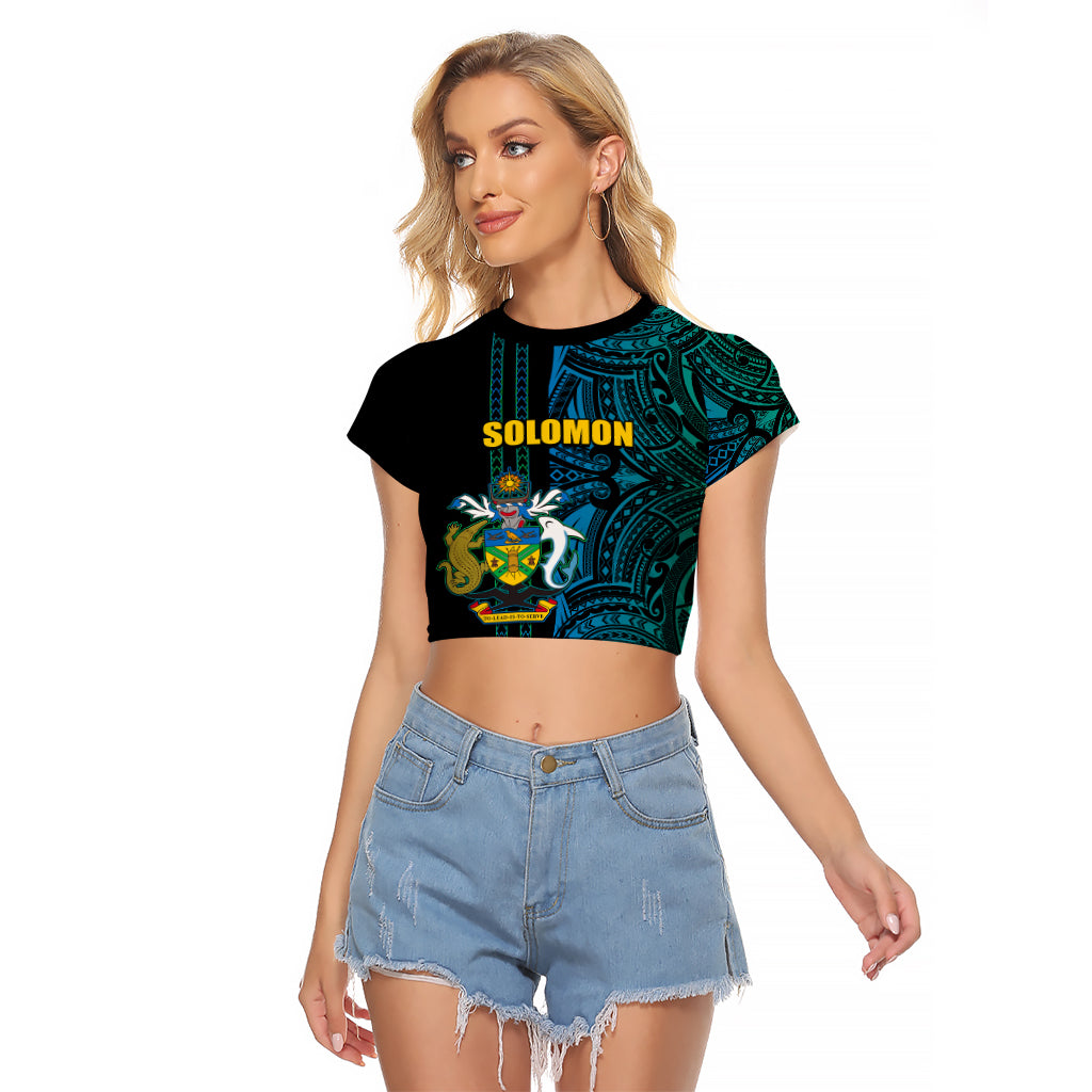 Custom Solomon Islands Raglan Cropped T Shirt Polynesian Tribal LT6 Female Blue - Polynesian Pride