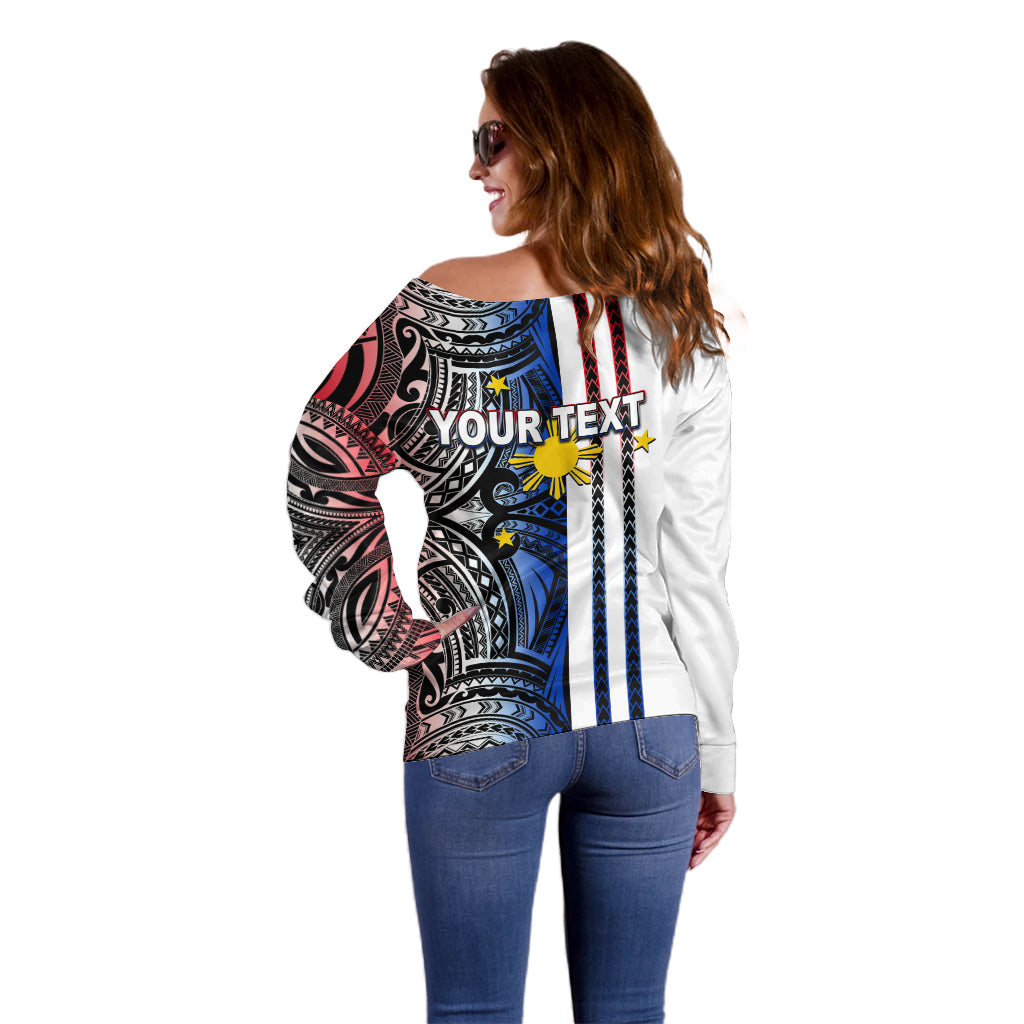 Custom Philippines Off Shoulder Sweater Polynesian Tribal White LT6 - Polynesian Pride