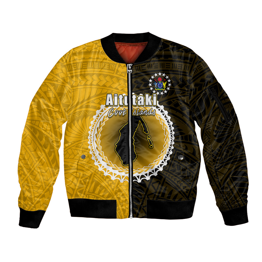 Custom Atutaki Of Cook Islands Sleeve Zip Bomber Jacket Mix Half Black LT6 Unisex Yellow - Polynesian Pride