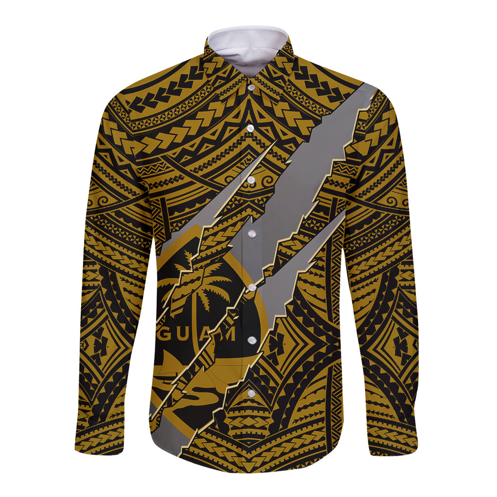 Polynesian Guam Long Sleeve Button Shirt with Coat Of Arms Claws Style - Gold LT6 Unisex Gold - Polynesian Pride
