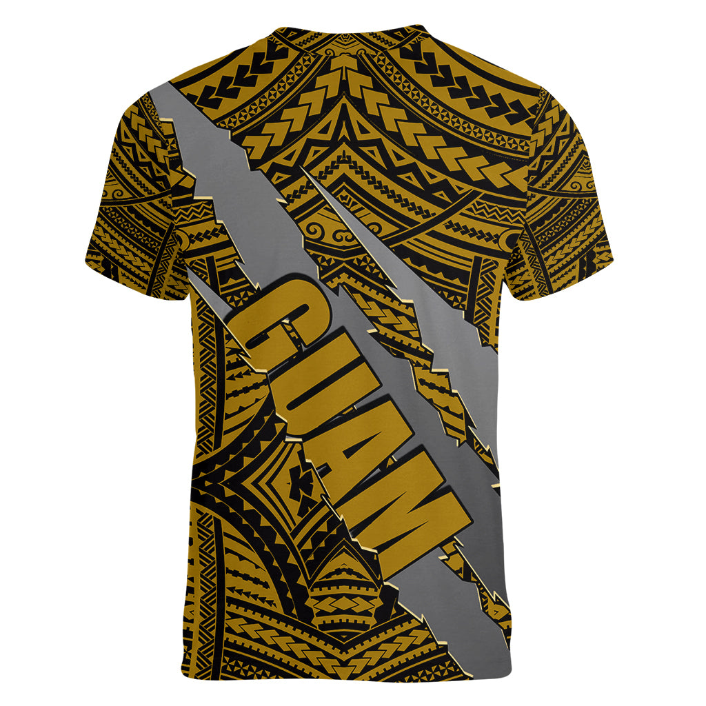 Polynesian Guam Women V Neck T Shirt with Coat Of Arms Claws Style - Gold LT6 - Polynesian Pride