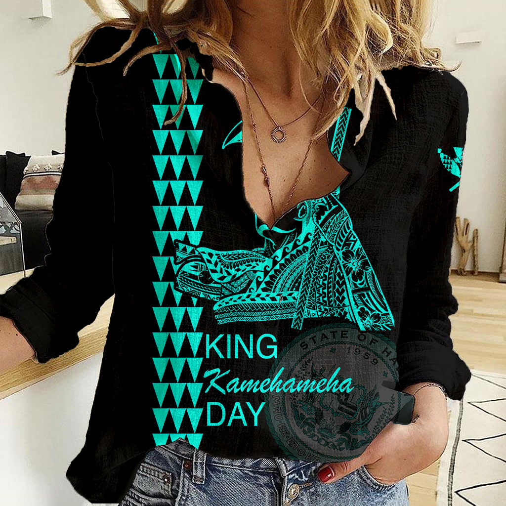 Custom Hawaii Women Casual Shirt King Kamehameha Day - Green LT6 Female Green - Polynesian Pride