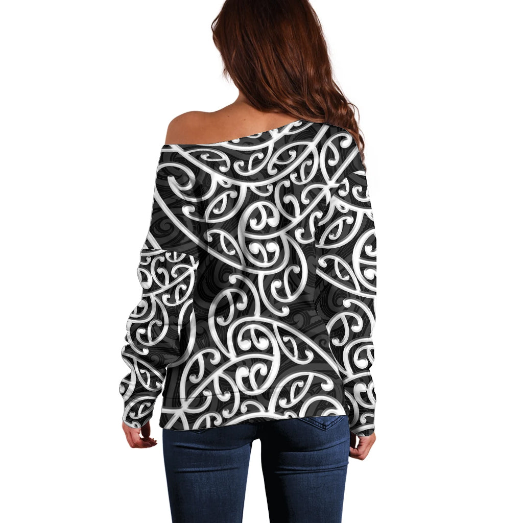 New Zealand Off Shoulder Sweater Maori Pattern White LT6 - Polynesian Pride