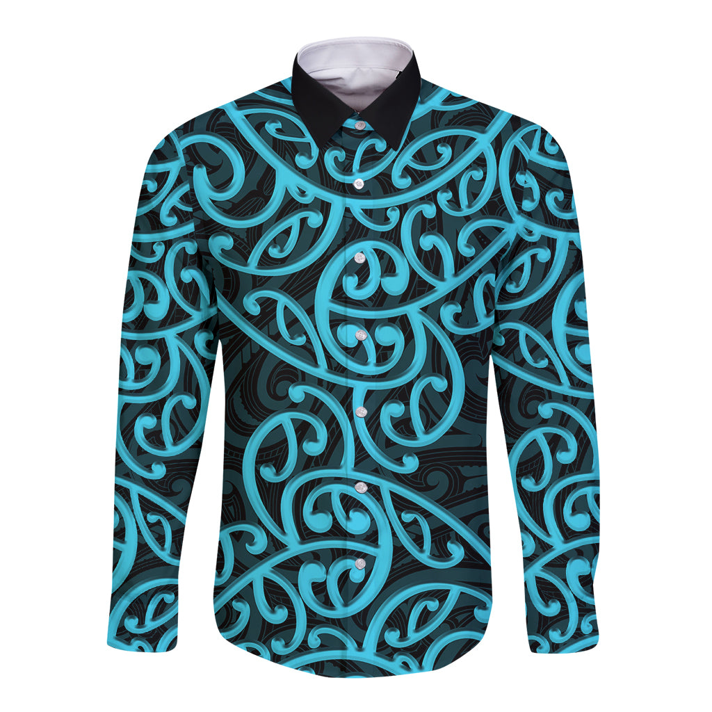 New Zealand Long Sleeve Button Shirt Maori Pattern Light Blue LT6 Unisex Blue - Polynesian Pride
