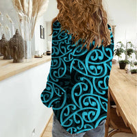 New Zealand Women Casual Shirt Maori Pattern Light Blue LT6 - Polynesian Pride