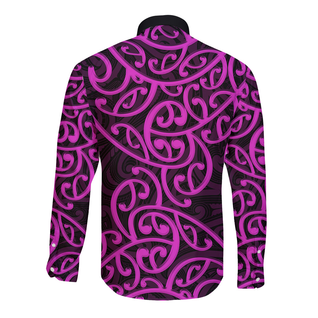 New Zealand Long Sleeve Button Shirt Maori Pattern Purple LT6 - Polynesian Pride
