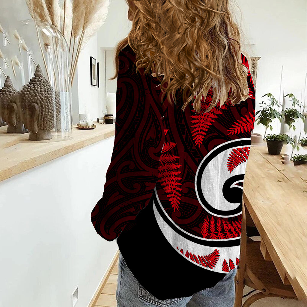 New Zealand Women Casual Shirt Maori With Silver Fern Red LT6 - Polynesian Pride