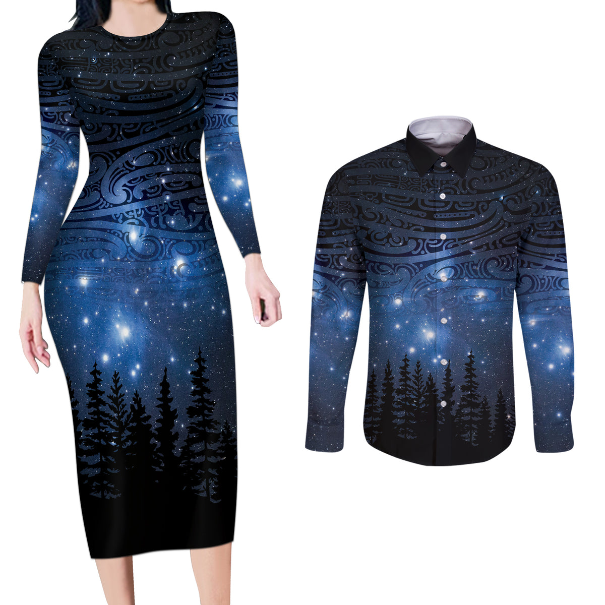 Matariki Te Tau Hou Māori Couples Matching Long Sleeve Bodycon Dress and Long Sleeve Button Shirt New Zealand Starry Sky LT7 Galaxy - Polynesian Pride