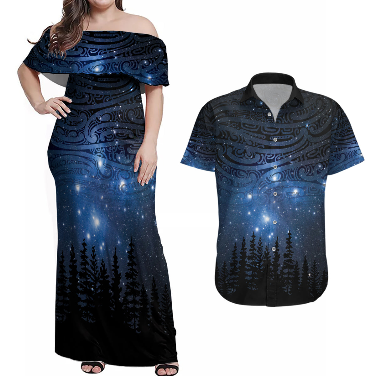 Matariki Te Tau Hou Māori Couples Matching Off Shoulder Maxi Dress and Hawaiian Shirt New Zealand Starry Sky LT7 Galaxy - Polynesian Pride