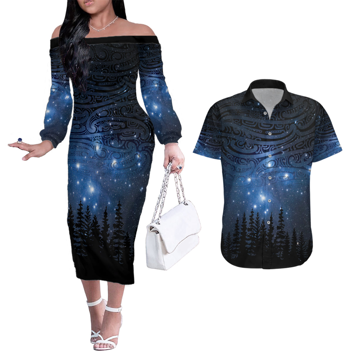 Matariki Te Tau Hou Māori Couples Matching Off The Shoulder Long Sleeve Dress and Hawaiian Shirt New Zealand Starry Sky LT7 Galaxy - Polynesian Pride