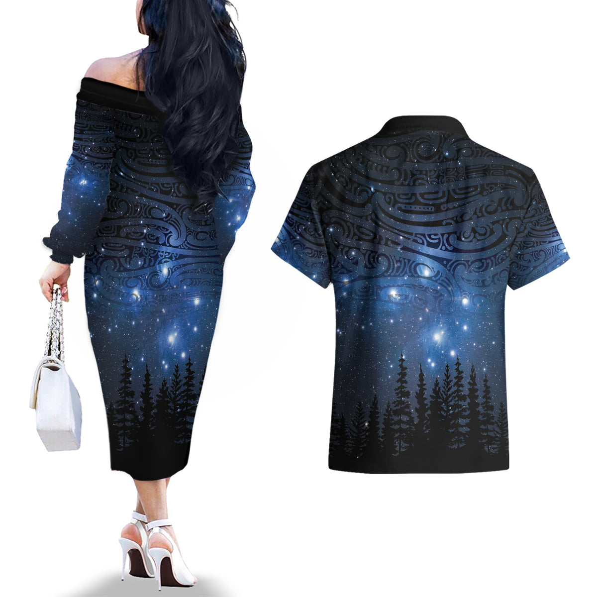 Matariki Te Tau Hou Māori Couples Matching Off The Shoulder Long Sleeve Dress and Hawaiian Shirt New Zealand Starry Sky LT7 - Polynesian Pride