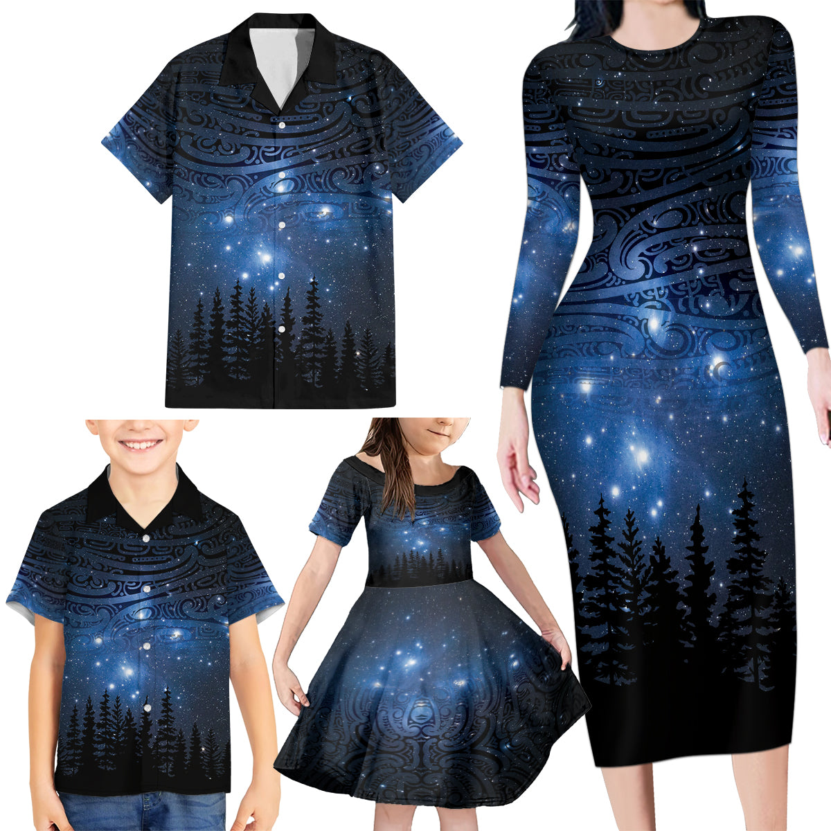 Matariki Te Tau Hou Māori Family Matching Long Sleeve Bodycon Dress and Hawaiian Shirt New Zealand Starry Sky LT7 - Polynesian Pride