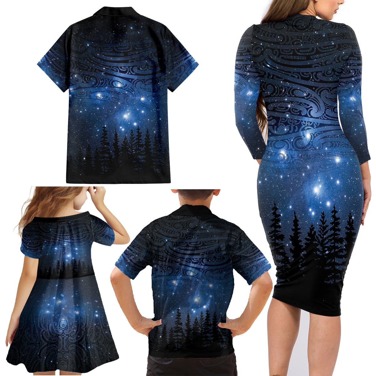 Matariki Te Tau Hou Māori Family Matching Long Sleeve Bodycon Dress and Hawaiian Shirt New Zealand Starry Sky LT7 - Polynesian Pride