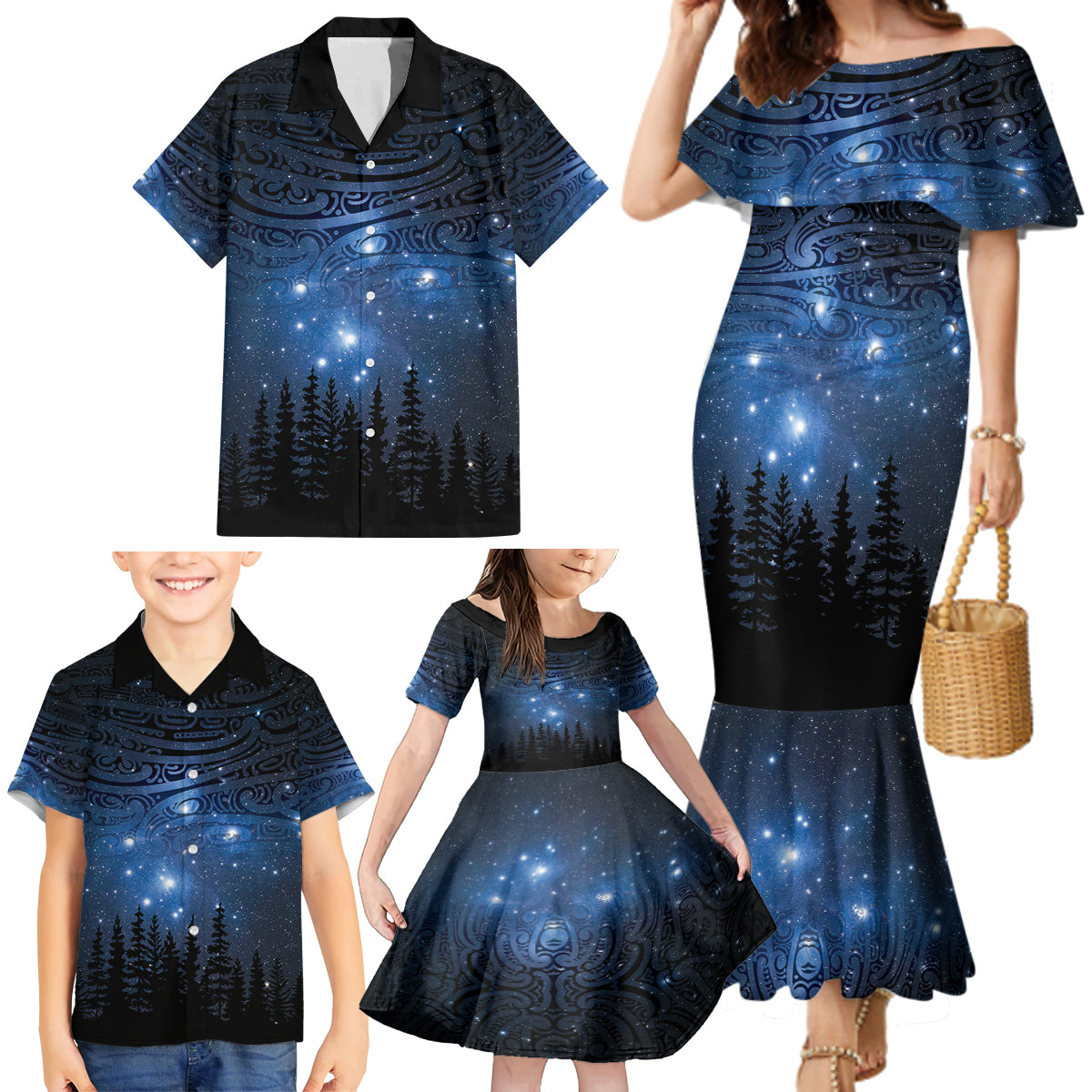 Matariki Te Tau Hou Māori Family Matching Mermaid Dress and Hawaiian Shirt New Zealand Starry Sky LT7 - Polynesian Pride