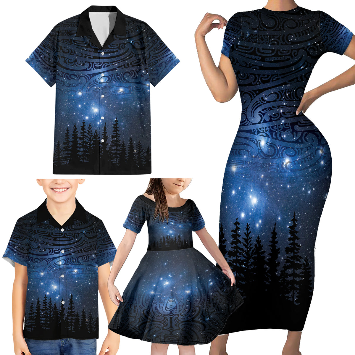 Matariki Te Tau Hou Māori Family Matching Short Sleeve Bodycon Dress and Hawaiian Shirt New Zealand Starry Sky LT7 - Polynesian Pride