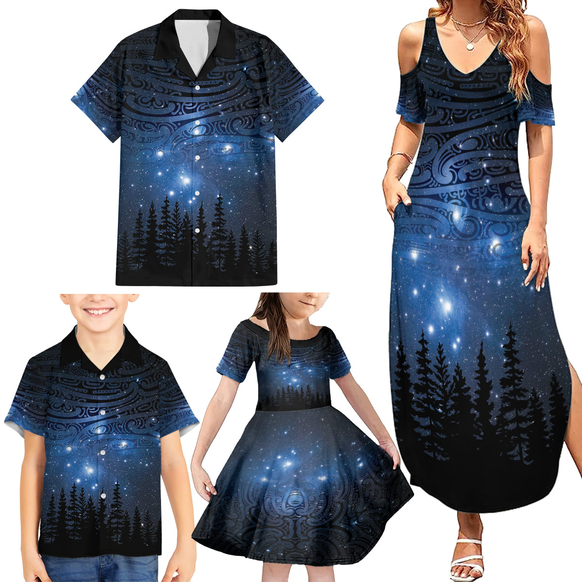 Matariki Te Tau Hou Māori Family Matching Summer Maxi Dress and Hawaiian Shirt New Zealand Starry Sky LT7 - Polynesian Pride