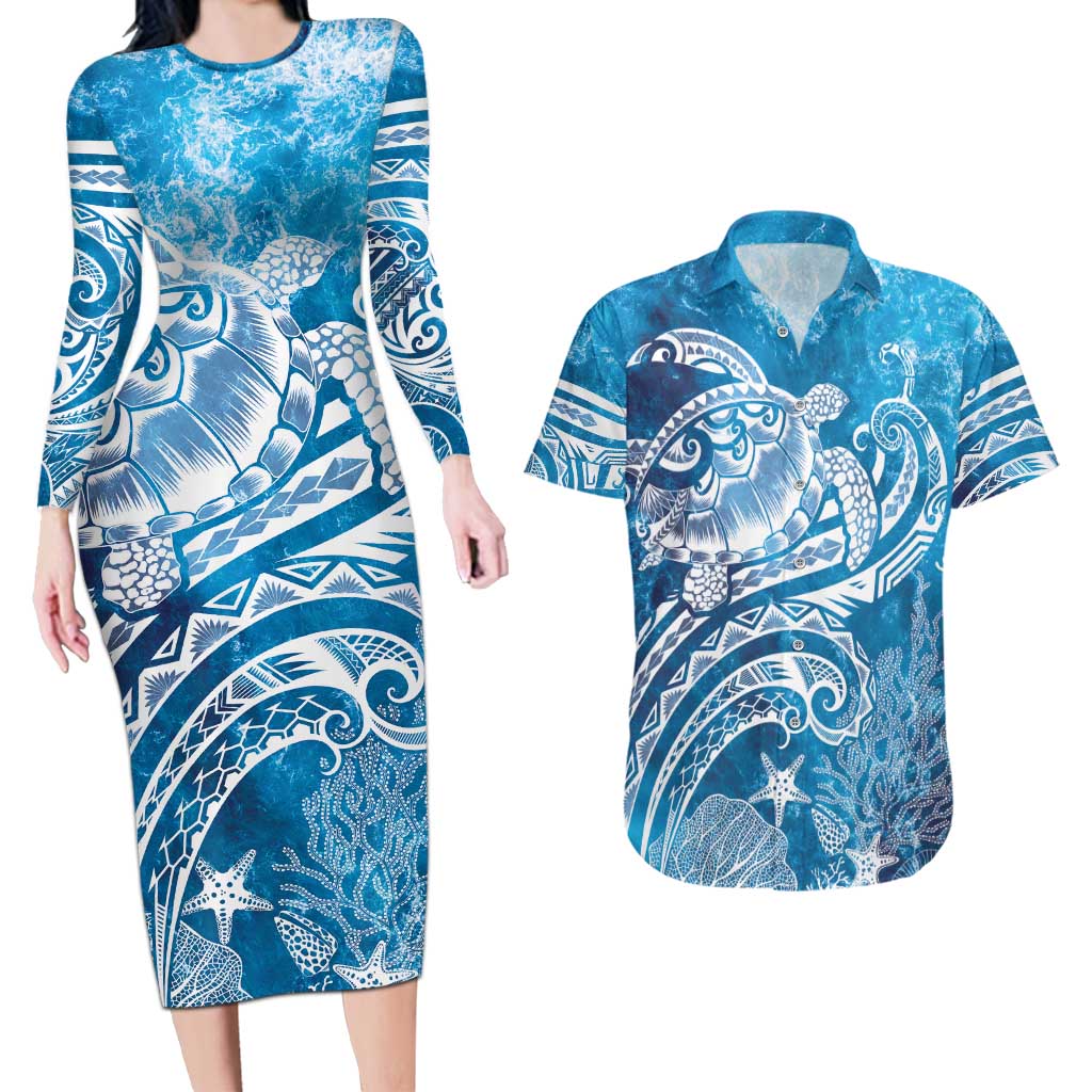 World Ocean Day Polynesian Pattern Couples Matching Long Sleeve Bodycon Dress and Hawaiian Shirt Crystal Waves LT7 Blue - Polynesian Pride