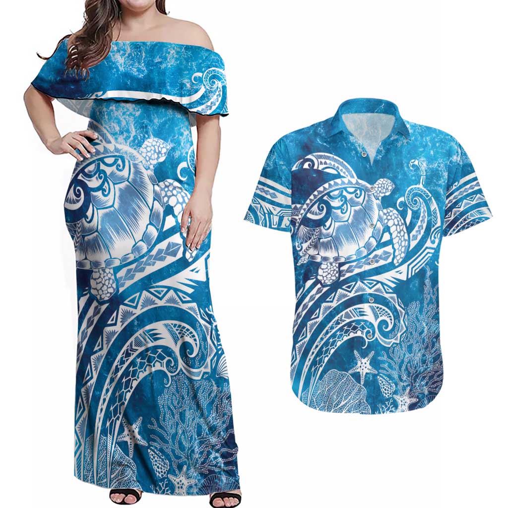 World Ocean Day Polynesian Pattern Couples Matching Off Shoulder Maxi Dress and Hawaiian Shirt Crystal Waves