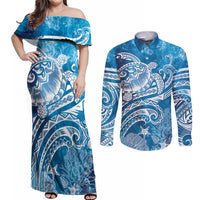World Ocean Day Polynesian Pattern Couples Matching Off Shoulder Maxi Dress and Long Sleeve Button Shirt Crystal Waves