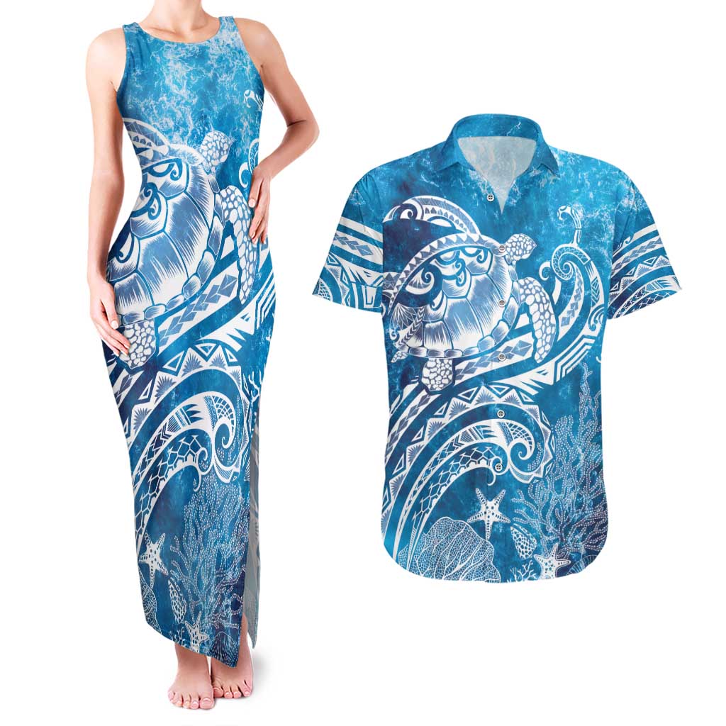 World Ocean Day Polynesian Pattern Couples Matching Tank Maxi Dress and Hawaiian Shirt Crystal Waves LT7 Blue - Polynesian Pride
