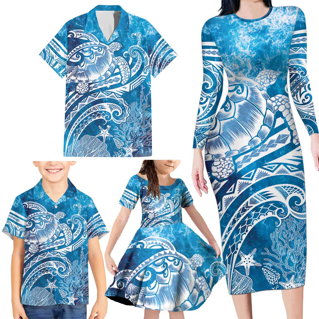 World Ocean Day Polynesian Pattern Family Matching Long Sleeve Bodycon Dress and Hawaiian Shirt Crystal Waves LT7 - Polynesian Pride